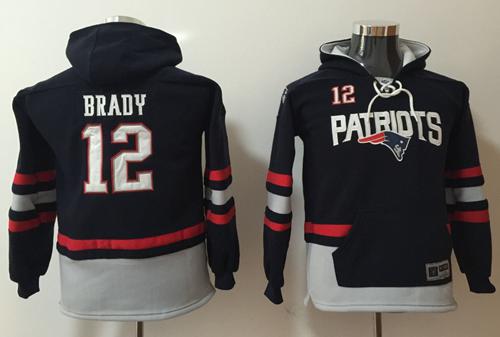 Nike Patriots #12 Tom Brady Navy Blue/Grey Youth Name & Number Pullover NFL Hoodie - Click Image to Close